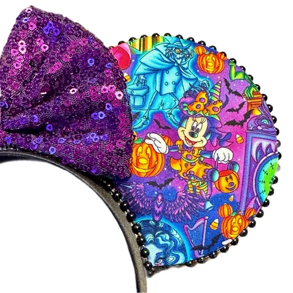 Women’s Handmade Disney Inspired Halloween Themed Purple Sequin Bow Mouse Ears - Picture 3 of 6